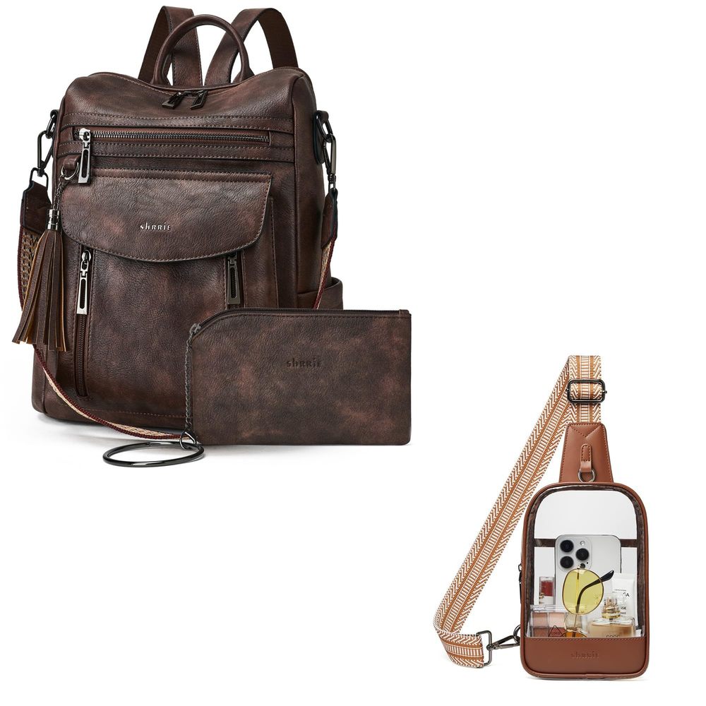 Backpack Purse for Women + Clear Bag Stadium Approved Coffee&Brown🐙